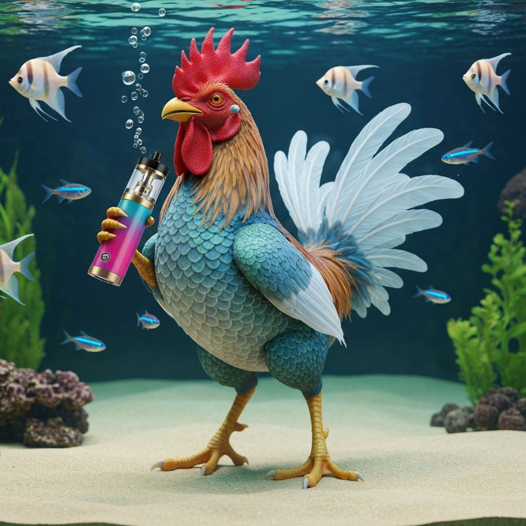 3D rendered chicken-fish hybrid creature swimming in an aquarium