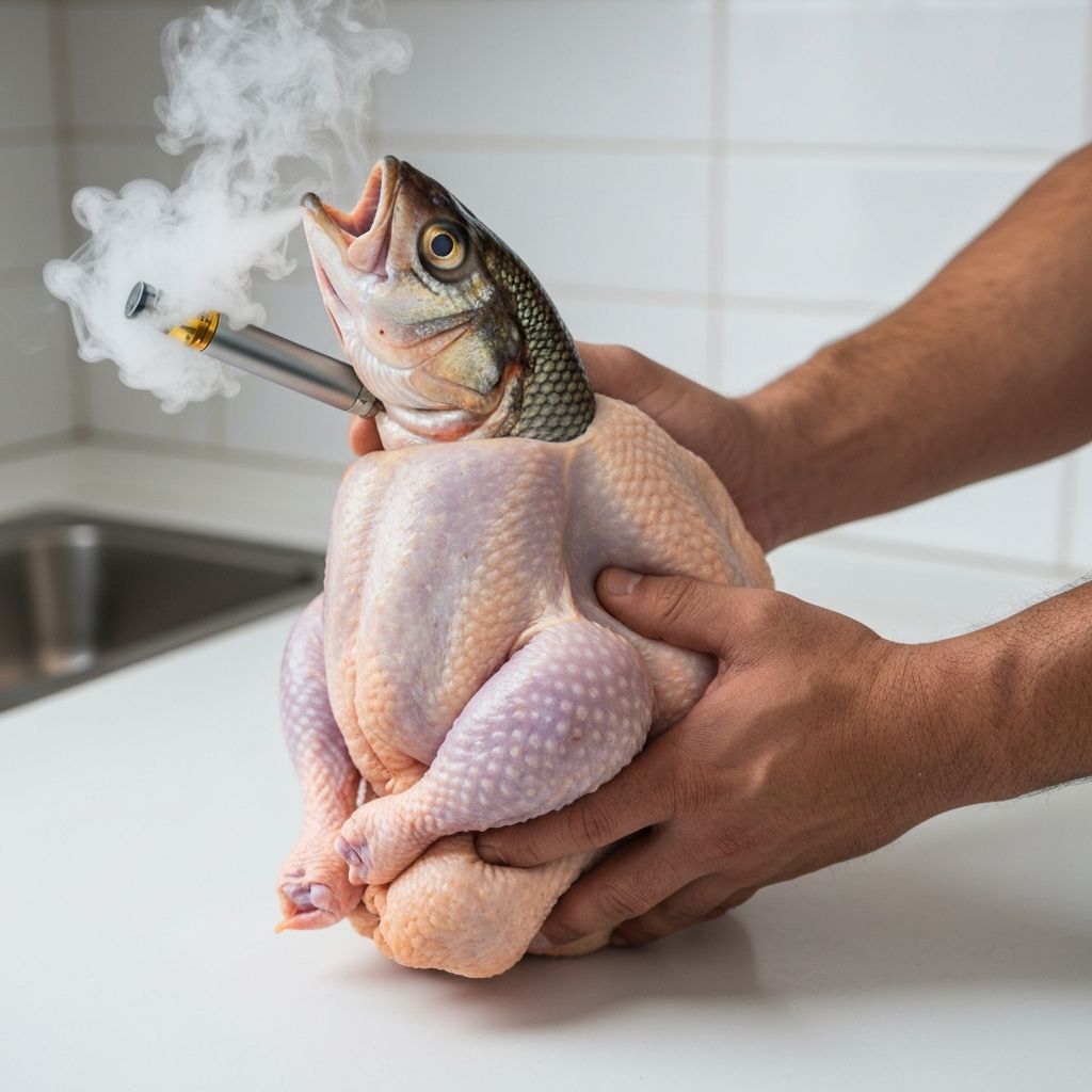 Original real-world photo of a raw chicken with a fish head and vape — the VCF origin